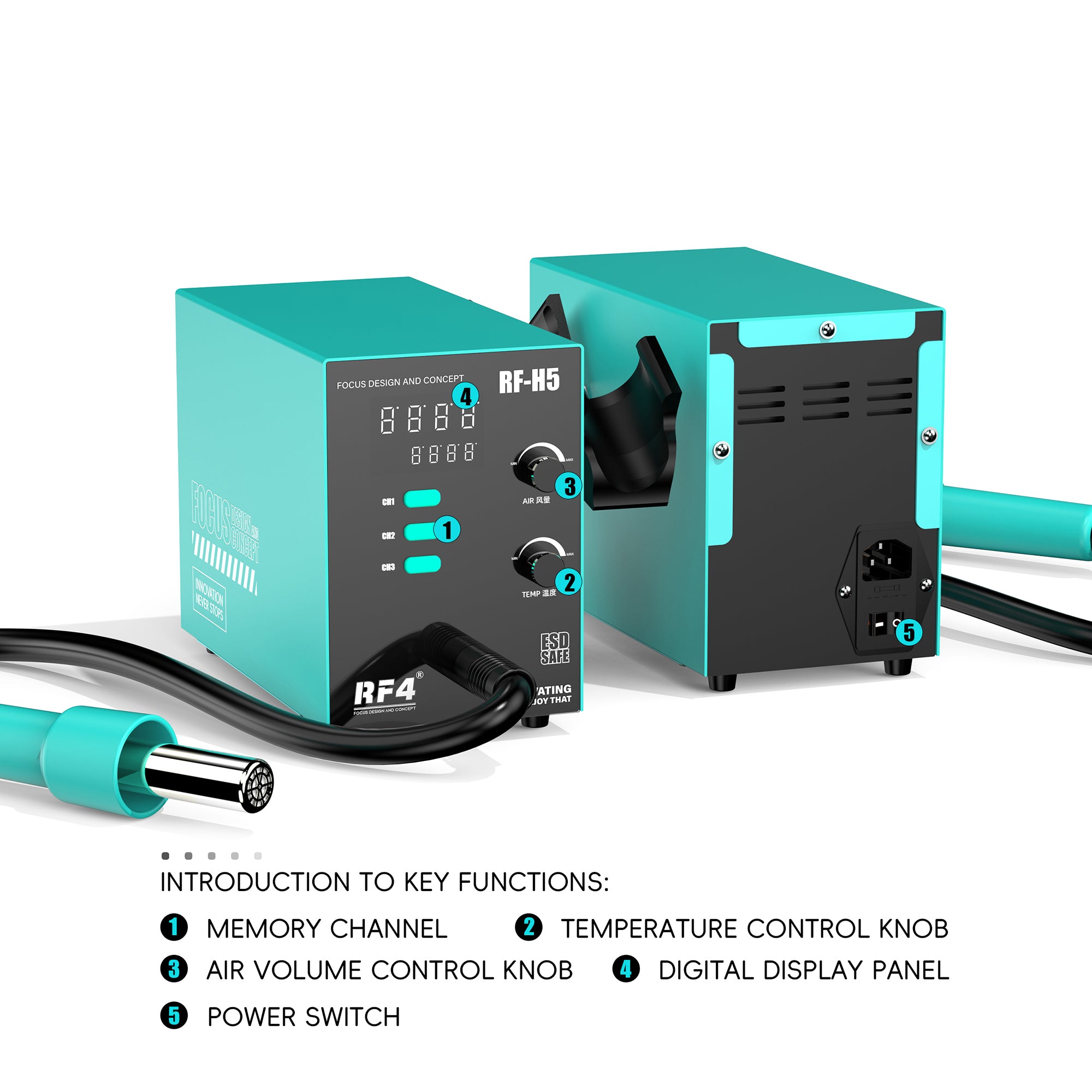 RF4 RF-H5 800W BGA Rework Solder Station Soldering Heat Air Gun with 5 Nozzles RF4 RF-H5 800W BGA Rework Solder Station Soldering Heat Air Gun with 5 Nozzles
